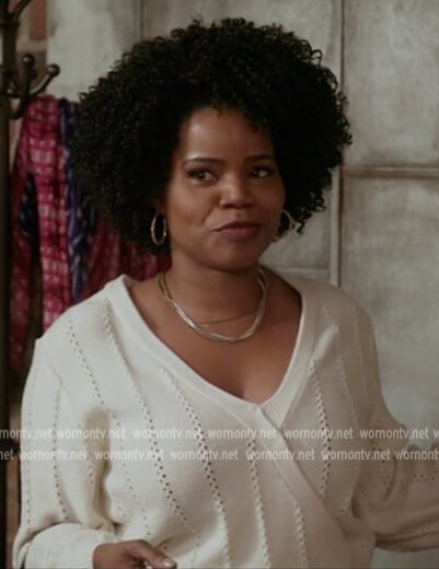 Amara’s white pointelle wrap sweater on All American Homecoming