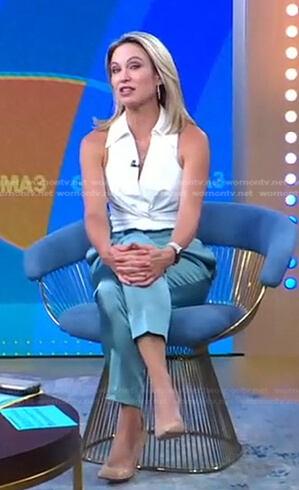 Amy’s white twisted sleeveless top and blue satin pants on Good Morning America