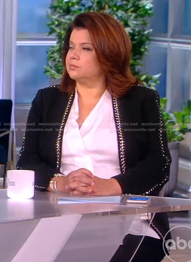 Ana’s black embellished trim open jacket on The View