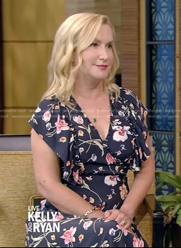 Angela Kinsey’s navy floral flutter sleeve dress on Live with Kelly and Ryan