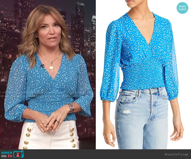 Aqua Printed Smocked Top worn by Kit Hoover on Access Hollywood