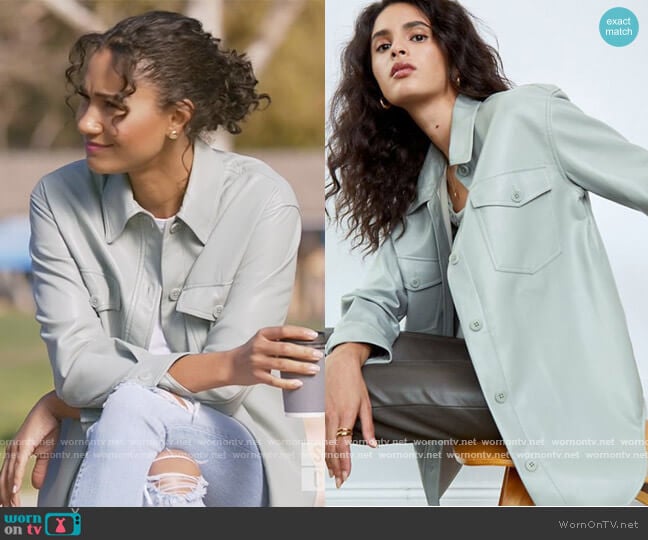 Aritzia The Ganna Shirt Jacket in Vegan Leather worn by Layla Keating (Greta Onieogou) on All American