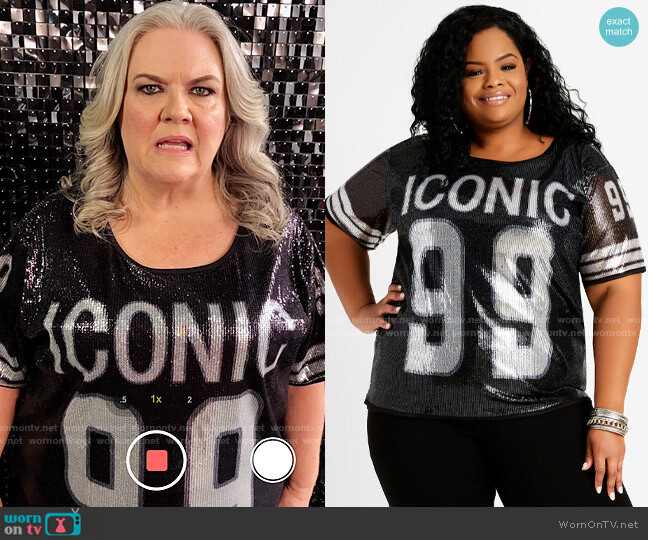 Ashley Stewart Iconic Sequin Graphic Jersey Tee worn by Gloria McManus (Paula Pell) on Girls5eva