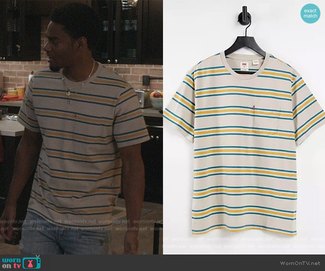 Levis Pocket t-shirt in yellow stripe worn by JR (Sylvester Powell) on All American Homecoming
