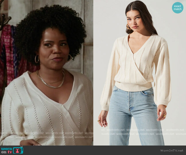 Astr the Label Wrap Front Pointelle Sweater worn by Amara Patterson (Kelly Jenrette) on All American Homecoming