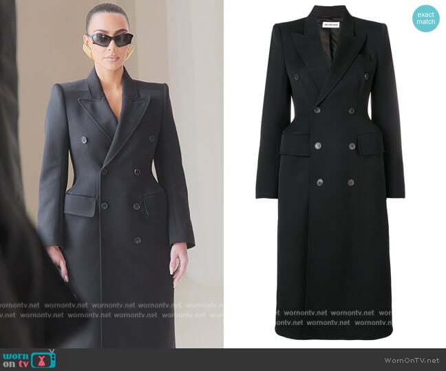 Balenciaga Hourglass double-breasted coat worn by Kim Kardashian (Kim Kardashian) on The Kardashians