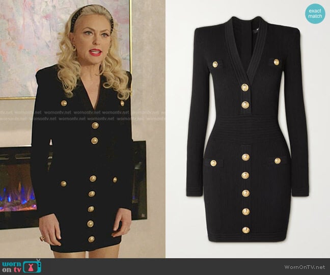 Balmain Padded-Shoulder Ribbed-Knit Mini Dress worn by Alexis Carrington (Elaine Hendrix) on Dynasty