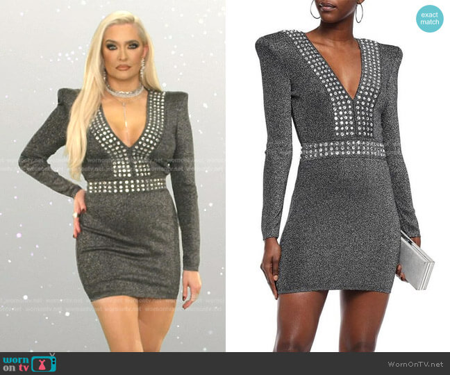 Balmain Crystal-Embellished Metallic Mini Dress worn by Erika Jayne on The Real Housewives of Beverly Hills