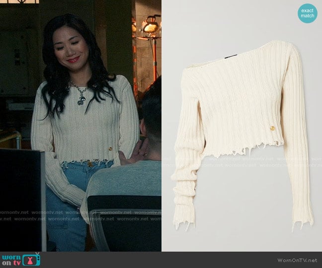 Balmain Off-the-shoulder distressed ribbed cotton-blend sweater worn by Melody Bayani (Liza Lapira) on The Equalizer
