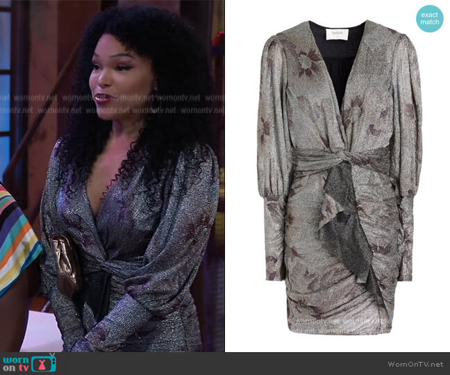 Ba&sh Lizie twist-front metallic floral-print knitted mini dress worn by Portia Robinson (Brook Kerr) on General Hospital