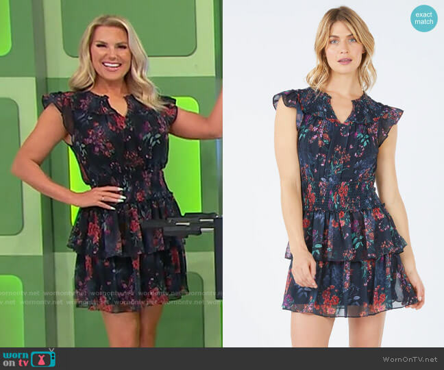 Bcbgmaxazria Ela Smocked Dress in Midnight Navy Combo worn by Rachel Reynolds on The Price is Right
