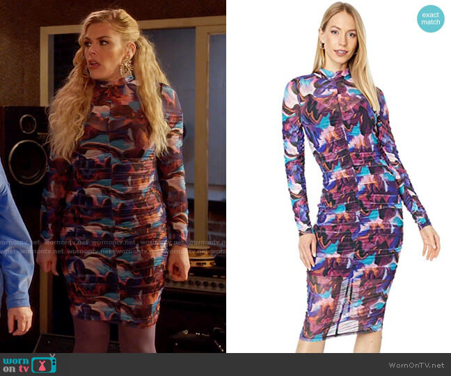 Bebe Mock Neck Printed Mesh Midi Dress worn by Summer Dutkowsky (Busy Philipps) on Girls5eva