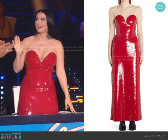Bottega Veneta Sweetheart Neck Sequin Strapless Gown worn by Katy Perry on American Idol
