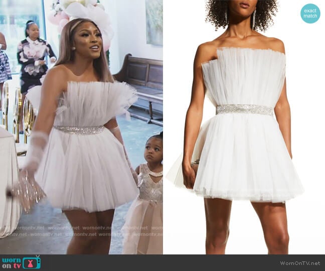 Bronx and Banco Anna Strapless Pleated Tulle Mini Dress worn by Drew Sidora on The Real Housewives of Atlanta