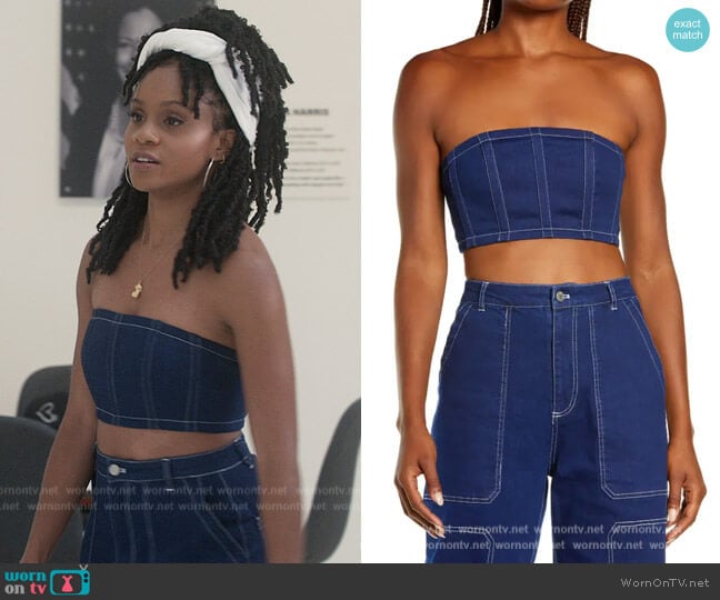 By Dyln Cooper Denim Tube Top worn by Simone (Geffri Hightower) on All American Homecoming