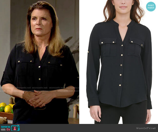 Calvin Klein Textured Roll Tab Button Down Shirt in Black worn by Sheila Carter (Kimberlin Brown) on The Bold and the Beautiful
