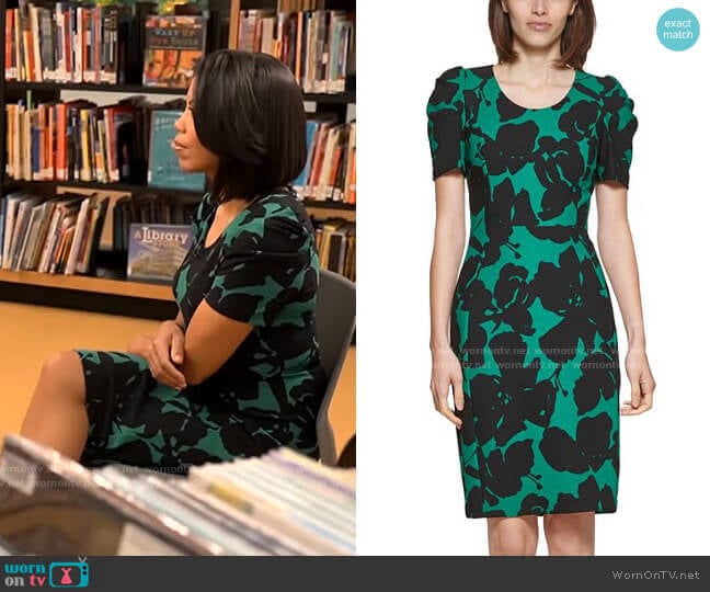 Calvin Klein Floral Pleated-Sleeve Sheath Dress worn by Nikole Killion on CBS Mornings