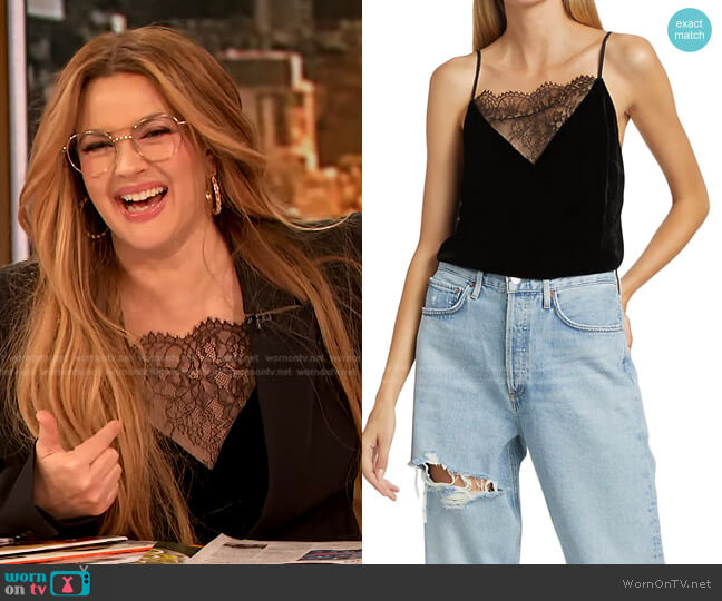 Cami NYC Polly Lace-Trim Velvet Camisole worn by Drew Barrymore on The Drew Barrymore Show