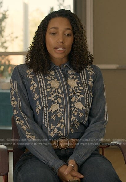 Cassie’s blue floral embroidered shirt on Big Sky