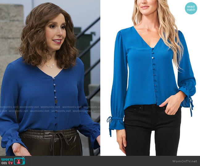 CeCe Tie-Cuff Blouse in Sapphire Sky worn by Joanna Gold (Vanessa Bayer) on I Love That For You
