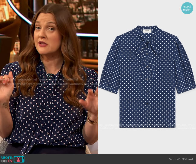 Celine Blouse with dots worn by Drew Barrymore on The Drew Barrymore Show