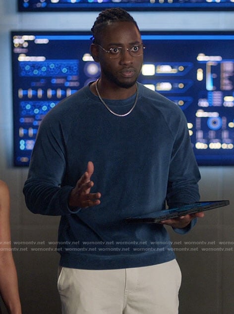Chester’s blue velour sweatshirt on The Flash