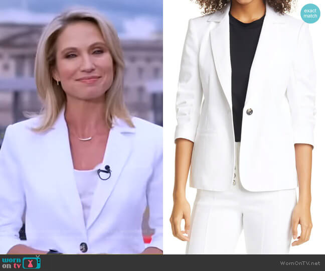 Cinq a Sept Khloe Ruched Sleeve White Denim Blazer worn by Amy Robach on Good Morning America
