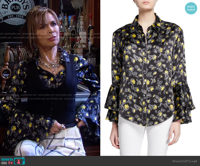 Cinq a Sept Kirby Floral-Print Ruffle-Sleeve Button-Down Top worn by Kate Roberts (Lauren Koslow) on Days of our Lives