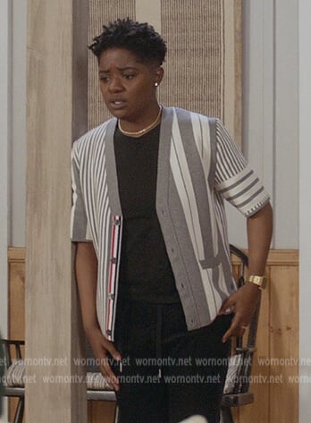 Coop’s gray stripe cardigan on All American