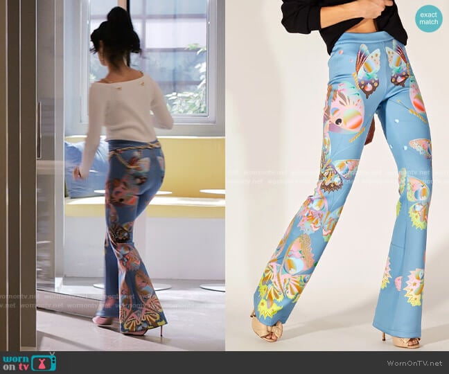 Cynthia Rowley Bonded Fit and Flare Pants in Blue Butterfly worn by Beth Ann McGann (Ayden Mayeri) on I Love That For You