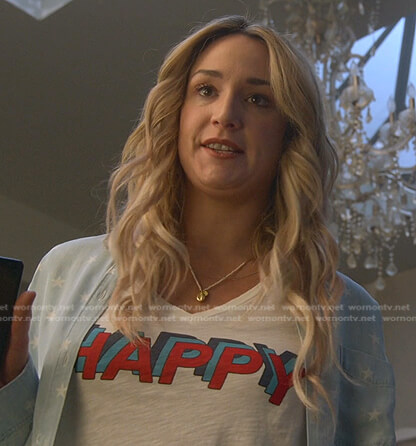Davia’s Happy print tee and star print shirt on Good Trouble
