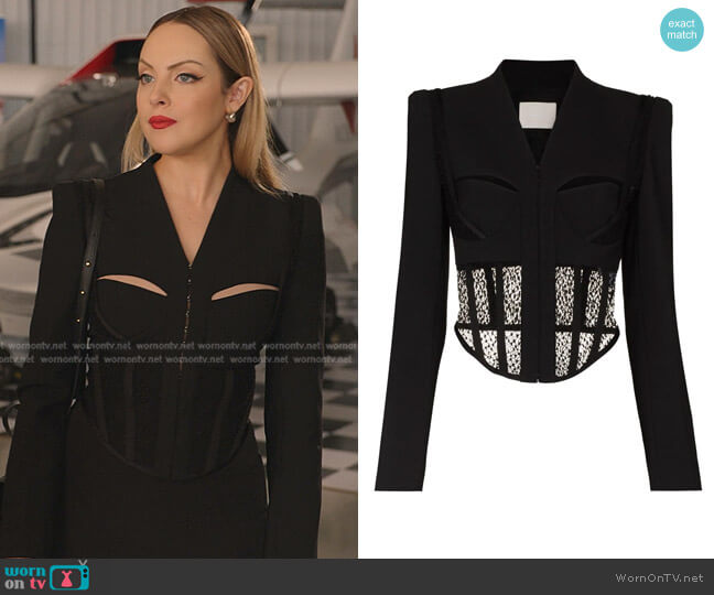 Dion Lee Suspended Lace Bustier Jacket worn by Fallon Carrington (Elizabeth Gillies) on Dynasty