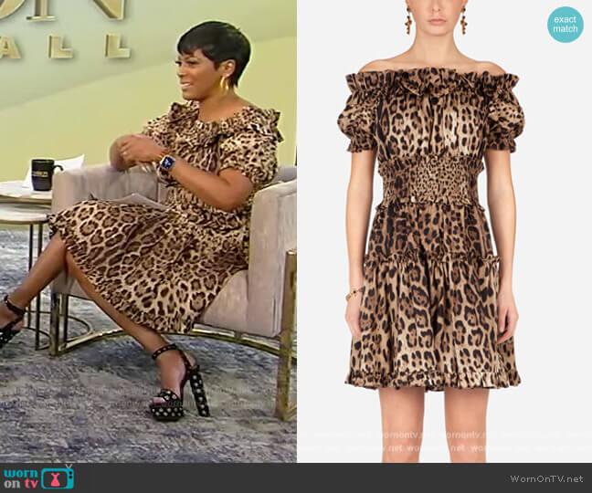 Dolce and Gabbana Off-the-shoulder ruffled leopard-print cotton-poplin mini dress worn by Tamron Hall on Tamron Hall Show