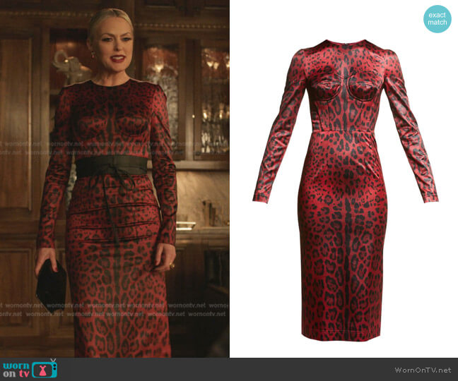 Dolce & Gabbana Tubino Leopard-Print Satin Midi Dress worn by Alexis Carrington (Elaine Hendrix) on Dynasty