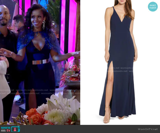 Dress the Population Iris Gown in Midnight Blue worn by Amanda Sinclair (Mishael Morgan) on The Young and the Restless