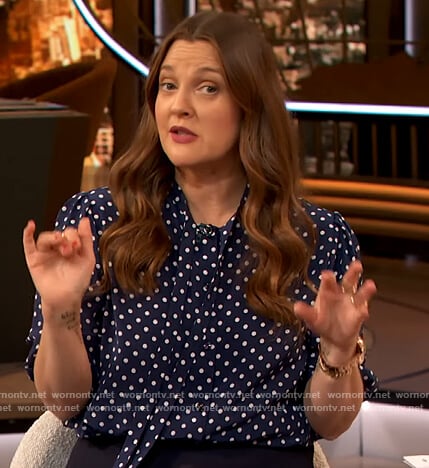 Drew’s blue polka dot blouse on The Drew Barrymore Show