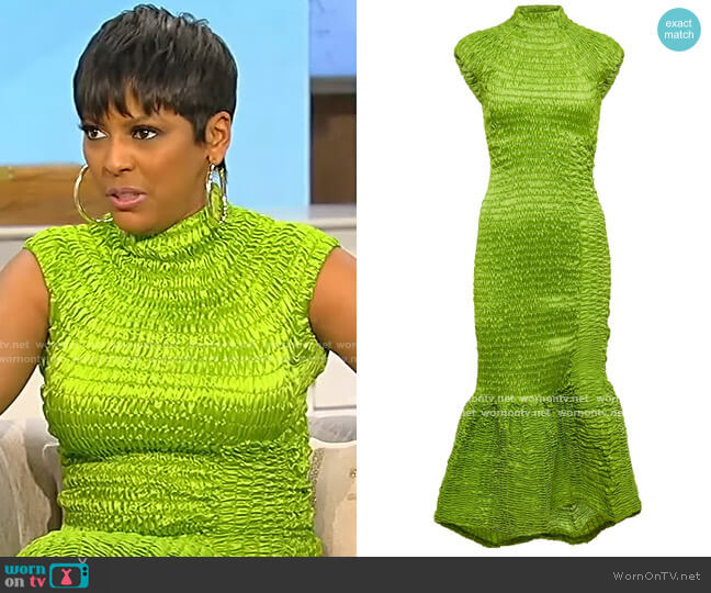 Dries Van Noten Smocked Satin Midi Dress worn by Tamron Hall on Tamron Hall Show