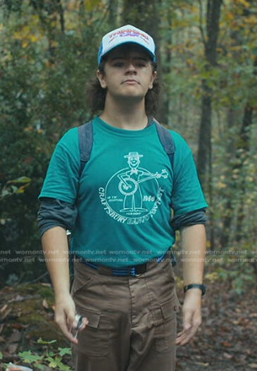 Dutin’s green Craftsbury Banjo Contest print tee on Stranger Things