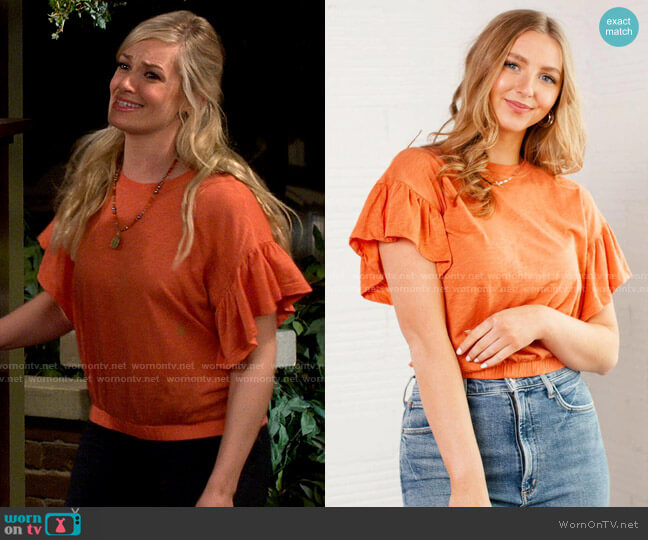 Elan Flutter Sleeve Tee in Papaya worn by Gemma (Beth Behrs) on The Neighborhood