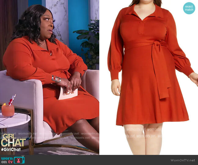 Eliza J Tie Waist Split Neck Long Sleeve Sweater Dress worn by Loni Love on The Real