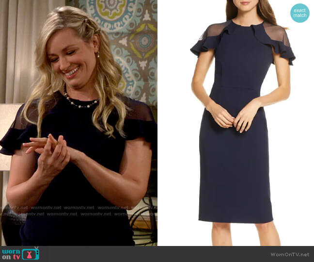 Eliza J Sheer Ruffle Shoulder Dress worn by Gemma (Beth Behrs) on The Neighborhood