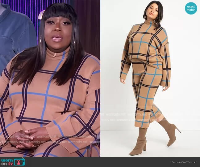 Eloquii Mock Neck Windowpane Plaid Sweater worn by Loni Love on The Real