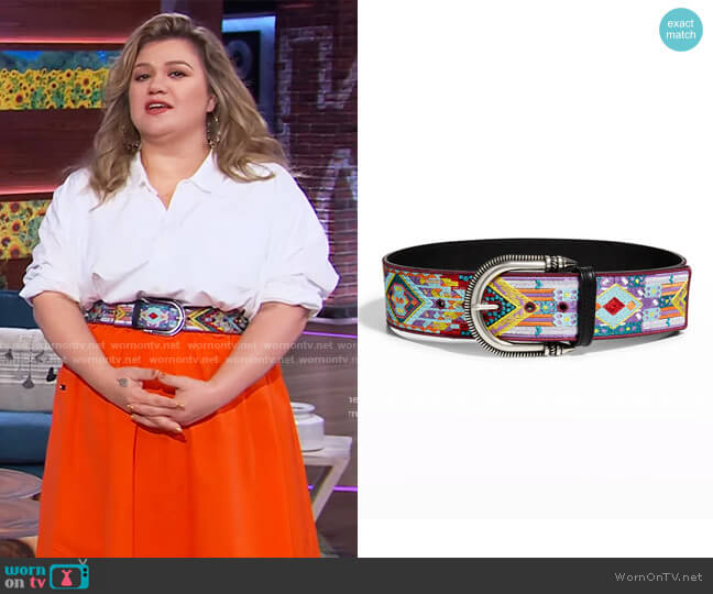 Etro Embroidered Leather Buckle Belt worn by Kelly Clarkson on The Kelly Clarkson Show