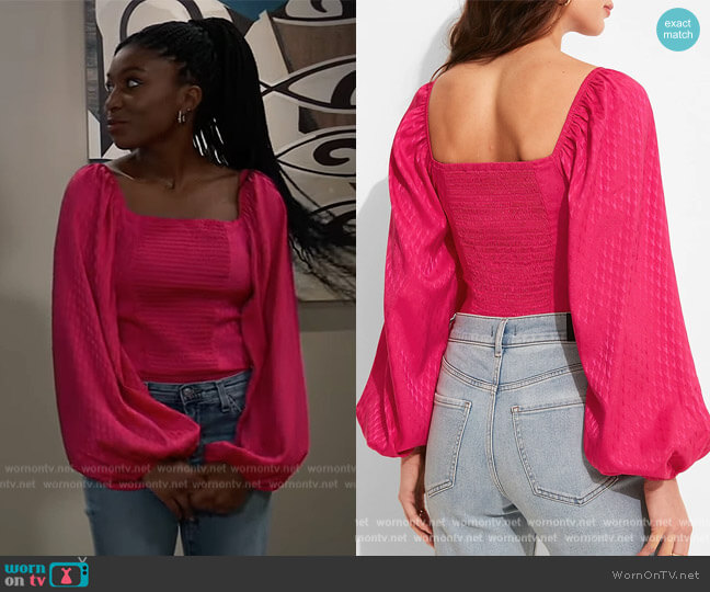 Express Satin Jacquard Tie Front Thong Bodysuit worn by Trina Robinson (Tabyana Ali) on General Hospital