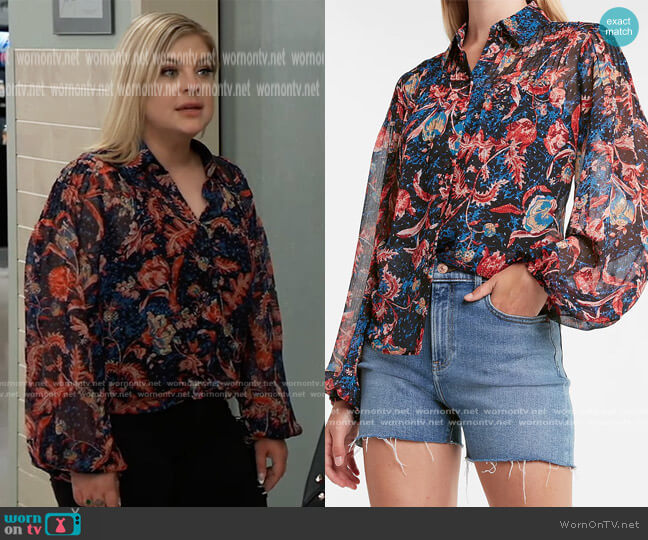 Express Sheer Floral Balloon Sleeve Pintuck Shirt worn by Maxie Jones (Kirsten Storms) on General Hospital