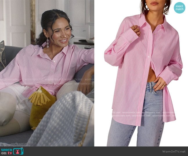 Favorite Daughter The Ex-Boyfriend Stripe Cotton Poplin Button-Up Shirt worn by Layla Keating (Greta Onieogou) on All American