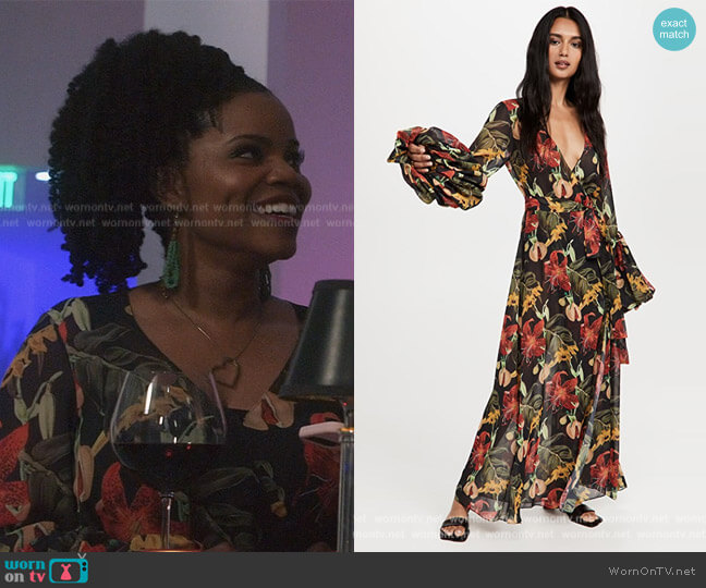 Fe Noel Isle of Spice Wrap Dress worn by Amara Patterson (Kelly Jenrette) on All American Homecoming