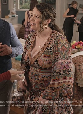 Jessica’s paisley print bell sleeve dress on Grace and Frankie