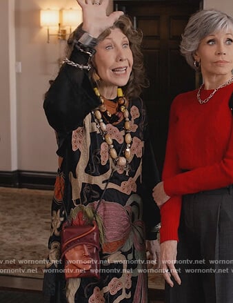 Frankie’s embroidered dress on Grace and Frankie