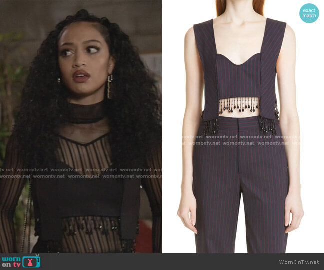 Ganni Pinstripe Beaded Fringe Crop Camisole worn by Olivia Baker (Samantha Logan) on All American